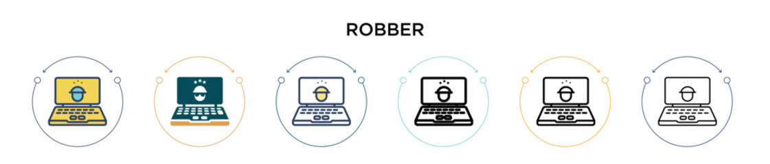 Poster - Robber symbol on monitor screen icon in filled, thin line, outline and stroke style. Vector illustration of two colored and black robber symbol on monitor screen vector icons designs can be used for