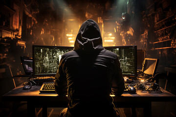 hacker sitting at the computer, cyber security and anti-spyware concept 