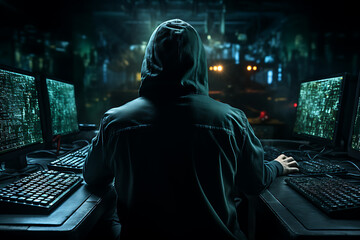 hacker sitting at the computer, cyber security and anti-spyware concept 