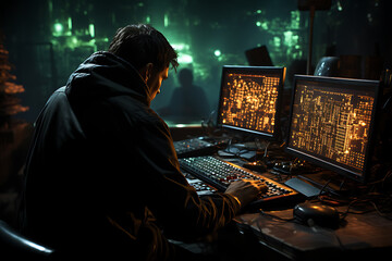 hacker sitting at the computer, cyber security and anti-spyware concept 