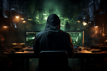 hacker sitting at the computer cyber security and antispyware concept 
