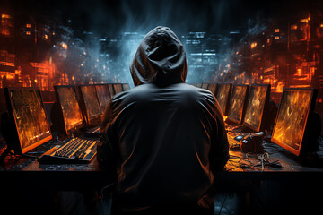 hacker sitting at the computer cyber security and antispyware concept 