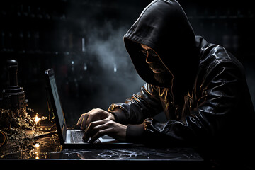 hacker sitting at the computer cyber security and antispyware concept 