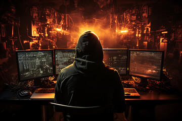hacker sitting at the computer cyber security and antispyware concept 