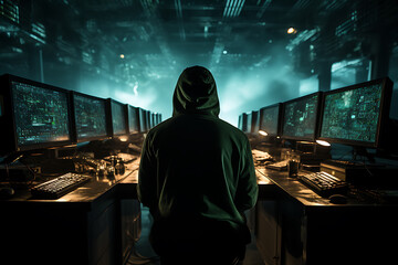 hacker sitting at the computer cyber security and antispyware concept 