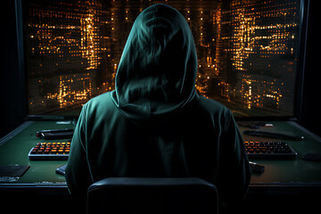 hacker sitting at the computer cyber security and antispyware concept 