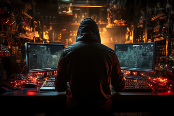 hacker sitting at the computer cyber security and antispyware concept 