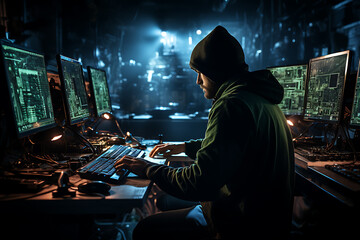 hacker sitting at the computer cyber security and antispyware concept 