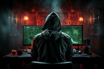 hacker sitting at the computer cyber security and antispyware concept 