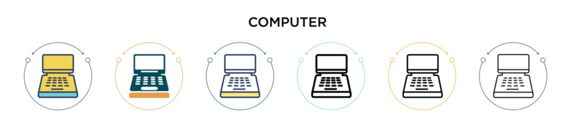Poster - Computer icon in filled, thin line, outline and stroke style. Vector illustration of two colored and black computer vector icons designs can be used for mobile, ui, web