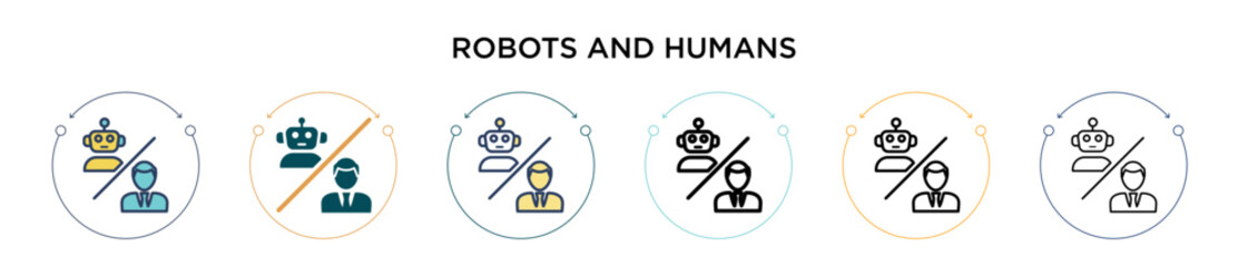 Poster - Robots and humans icon in filled, thin line, outline and stroke style. Vector illustration of two colored and black robots and humans vector icons designs can be used for mobile, ui, web