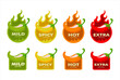 spicy level label sticker of pepper with fire flame