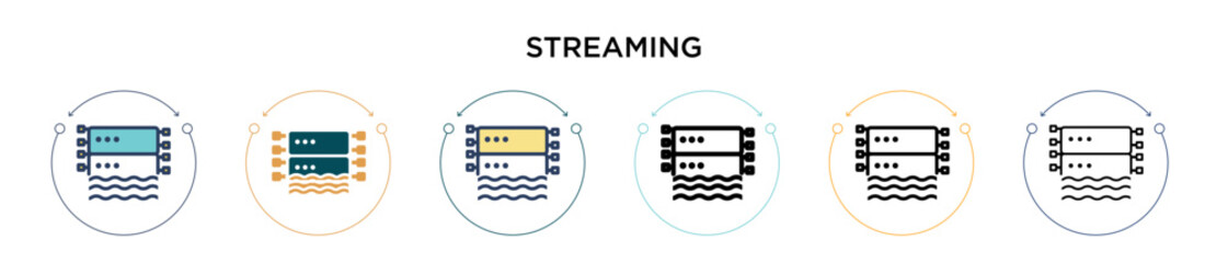 Poster - Streaming icon in filled, thin line, outline and stroke style. Vector illustration of two colored and black streaming vector icons designs can be used for mobile, ui, web