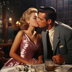 Poster - Couple in love in evening wear at an American party of the fifties kisses while sitting at the table