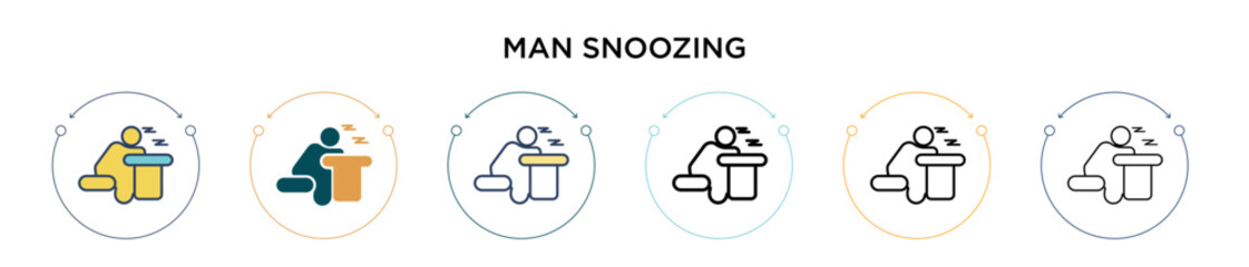 Wall Mural - Man snoozing icon in filled, thin line, outline and stroke style. Vector illustration of two colored and black man snoozing vector icons designs can be used for mobile, ui, web