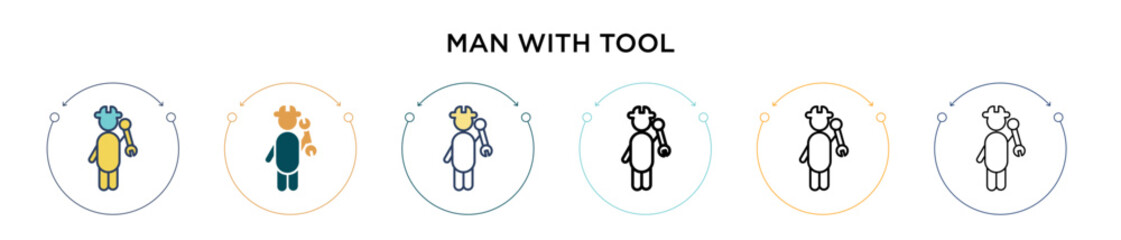 Poster - Man with tool icon in filled, thin line, outline and stroke style. Vector illustration of two colored and black man with tool vector icons designs can be used for mobile, ui, web