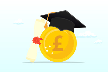 Pound money coin with mortarboard graduation cap and certificate, education cost, tuition or scholarship, money for university or graduation, school expense or student debt, college diploma (Vector)