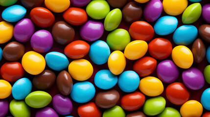 Close up of a pile of colorful chocolate coated candies. Candy background. Generative AI