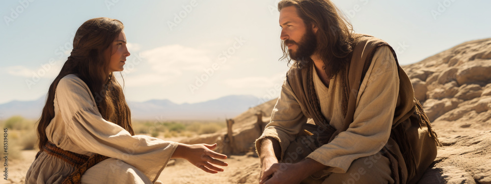 Woman Repent Jesus Christ is talking to a woman. Preaching repentance. Christian ...