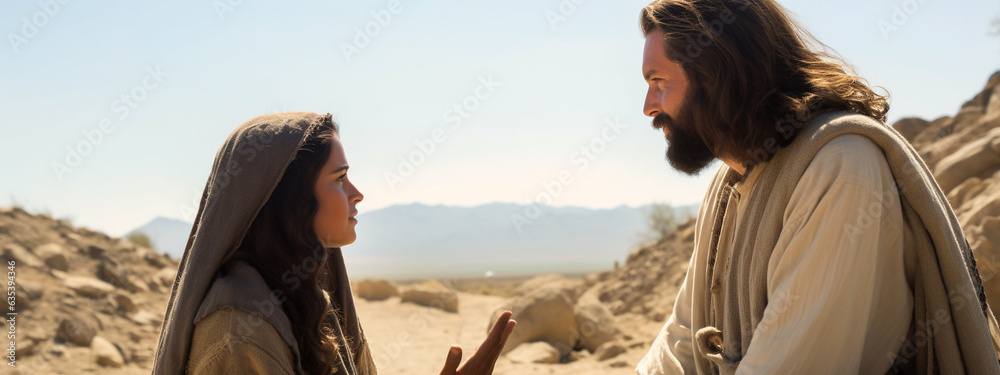 Woman Repent Jesus Christ is talking to a woman. Preaching repentance. Christian ...