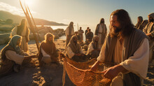 Jesus Christ Is Fishing With Fishermen. Christian Religious Background, Banner.