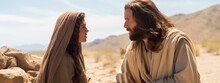 Jesus Christ And The Samaritan Woman. Conversation At The Well. Christian Banner