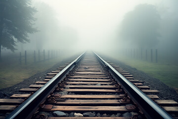 Canvas Print - A journey of anticipation hinted by the railway tracks disappearing into a mysterious fog-covered expanse