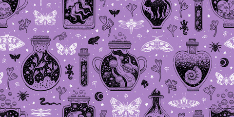 Wall Mural - potion alchemy seamless pattern. halloween symbols. magic elixir bottle and flask with cat, butterfl