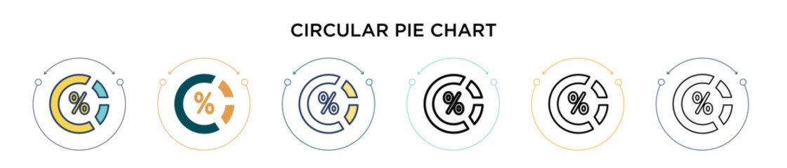 Poster - Circular pie chart icon in filled, thin line, outline and stroke style. Vector illustration of two colored and black circular pie chart vector icons designs can be used for mobile, ui, web
