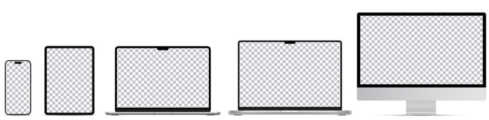 Wall Mural - Mock-up screen 2023-2024 yers. Set devices silver colors. Laptop pro and air, Computer monitor, Tablet and Smartphone with blank screens for you design. Vector illustration