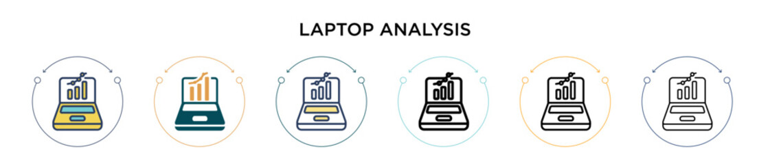 Poster - laptop analysis icon in filled, thin line, outline and stroke style. vector illustration of two colo