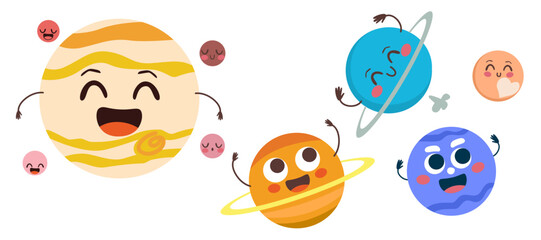 Vector illustration of solar system mascot educational knowledge character icons. Jupiter and moon, Saturn, Uranus, Neptune and Pluto planets
