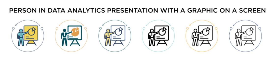 Poster - Person in data analytics presentation with a graphic on a screen icon in filled, thin line, outline and stroke style. Vector illustration of two colored and black person in data analytics presentation