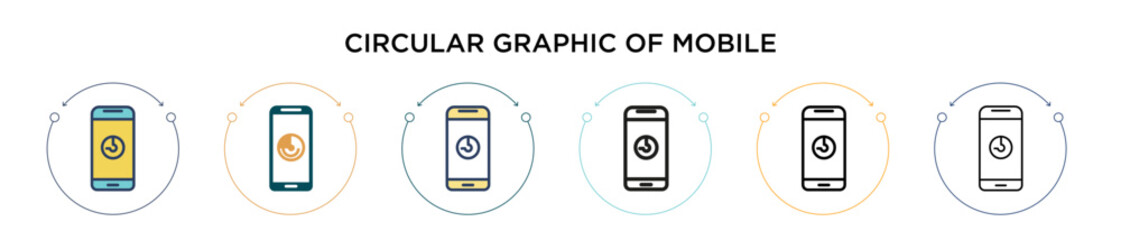 Poster - Circular graphic of mobile icon in filled, thin line, outline and stroke style. Vector illustration of two colored and black circular graphic of mobile vector icons designs can be used for mobile, ui,