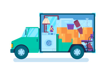 Poster - Cartoon Color Moving Home Truck with Furniture and Appliances Inside Concept Flat Design Style. Vector illustration