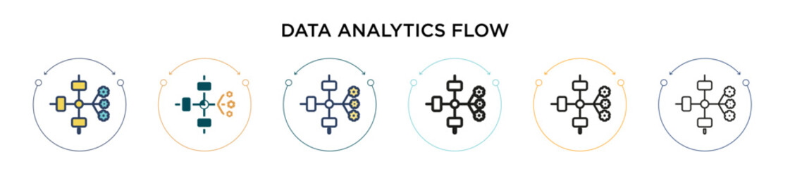 Poster - Data analytics flow icon in filled, thin line, outline and stroke style. Vector illustration of two colored and black data analytics flow vector icons designs can be used for mobile, ui, web
