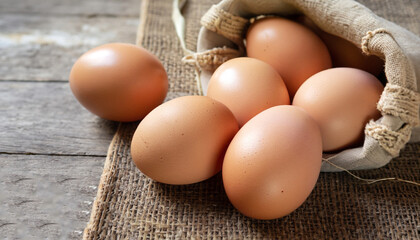 Canvas Print - Fresh eggs are placed on a wooden table and fresh eggs are placed in an organic farm sack bag.