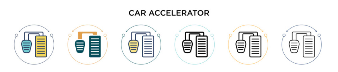 Car accelerator icon in filled, thin line, outline and stroke style. Vector illustration of two colored and black car accelerator vector icons designs can be used for mobile, ui, web