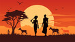 African landscape. Silhouettes of men and women representatives of the indigenous peoples of Africa against the backdrop of a beautiful sunset. Safari. Wildlife and animals of Africa. 