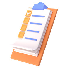 Fototapete - 3d white clipboard icon task management todo check list on orange plane background. Work project plan concept, isolated transparent png, posting plan. productivity checklist