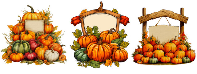 set of vintage pumpkin decoration watercolor style. vintage illustration of a farmer's market sign f