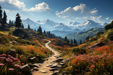 Aufkleber - A footpath bordered by vibrant wildflowers, guiding nature enthusiasts on a scenic hike through open meadows.  Generative AI technology.