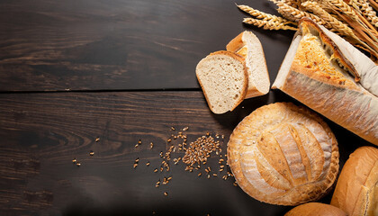 Wall Mural - bread loaves and sliced ​​bread with wheat seeds placed on a dark brown wooden table on a black background in a rustic kitchen or bakery There is a copy space - top view.