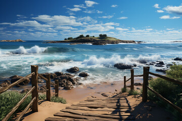 Poster - A wooden boardwalk leading to a secluded beach, with soft sand and sparkling waves in the distance. Generative AI technology.