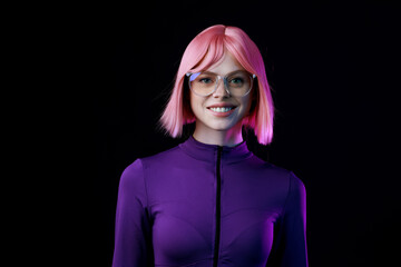 Woman in futuristic costume. Female posing in glasses of virtual reality. Augmented reality game, future technology, AI concept. VR. Neon blue and red light. Dark background.