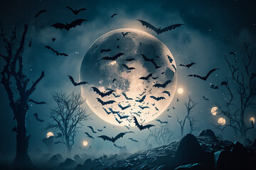 Moody night scene with flying bats on sky and moon background