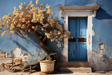 Fototapete - A weathered blue door standing against a whitewashed wall, exuding coastal charm in a charming village. Generative AI technology.
