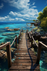 Leinwandbilder - A wooden boardwalk leading to a secluded beach, with soft sand and sparkling waves in the distance.  Generative AI technology.