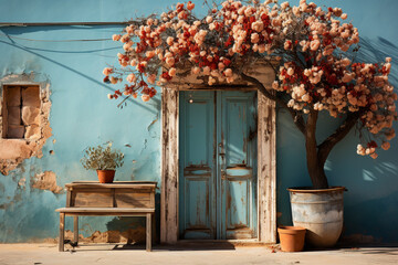 Aufkleber - A faded turquoise door adorned with potted plants, epitomizing the charm of Mediterranean architecture.  Generative AI technology.