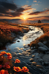 Leinwandbilder - A bulrush marsh against a backdrop of rolling hills, combining water and land elements in harmony.  Generative AI technology.